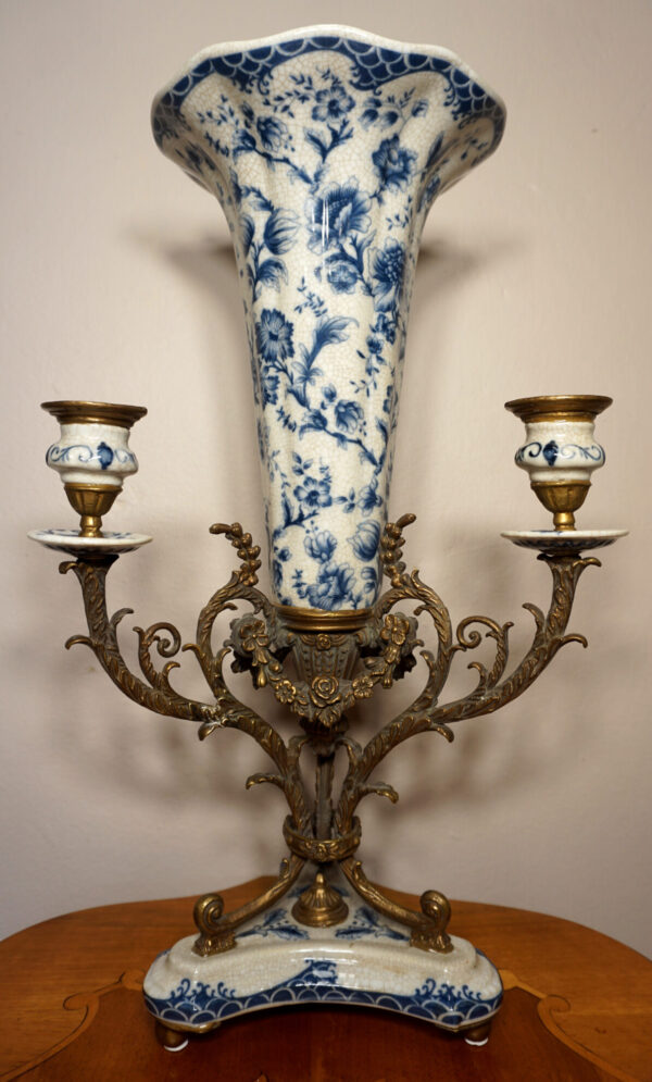 ŚWIECZNIK Z WAZONEM PORCELANA+BRĄZ