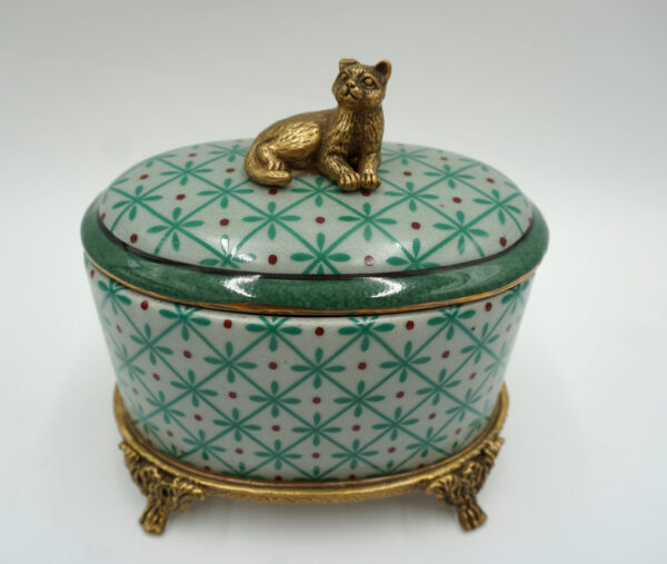 SZKATUŁKA PORCELANA Z BRĄZEM - PUZDERKO KOTEK