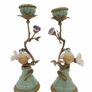 PARA ŚWIECZNIKÓW PTASZKI PORCELANA+BRĄZ