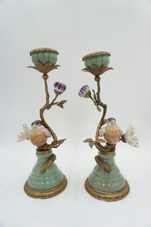 PARA ŚWIECZNIKÓW PTASZKI PORCELANA+BRĄZ