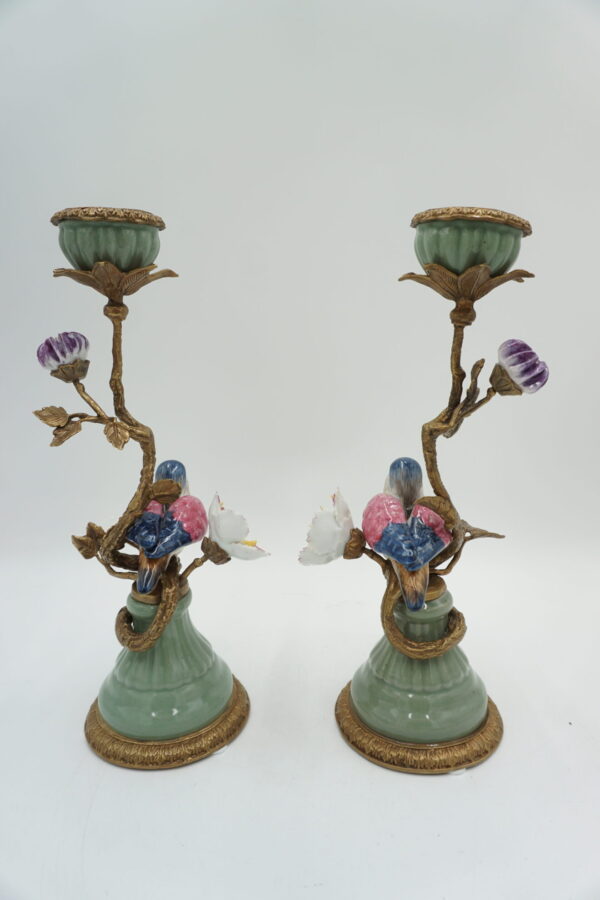 PARA ŚWIECZNIKÓW PTASZKI PORCELANA+BRĄZ