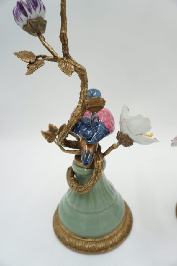 PARA ŚWIECZNIKÓW PTASZKI PORCELANA+BRĄZ