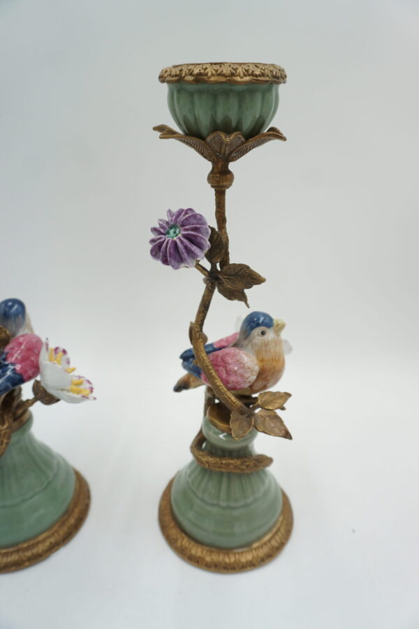 PARA ŚWIECZNIKÓW PTASZKI PORCELANA+BRĄZ
