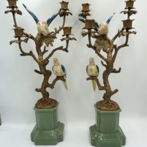 NIESAMOWITA PARA ŚWIECZNIKÓW PTASZKI PORCELANA Z BRĄZEM