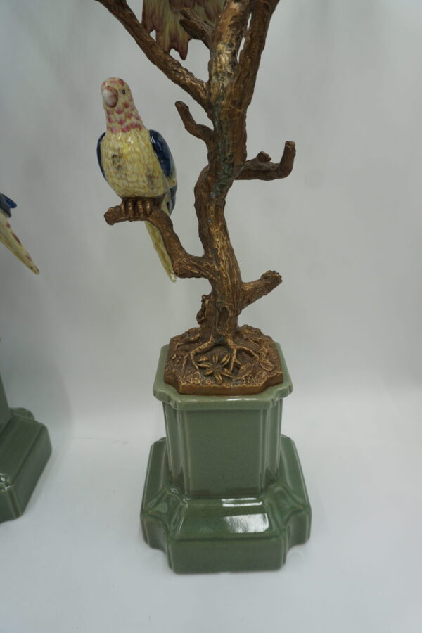 NIESAMOWITA PARA ŚWIECZNIKÓW PTASZKI PORCELANA Z BRĄZEM