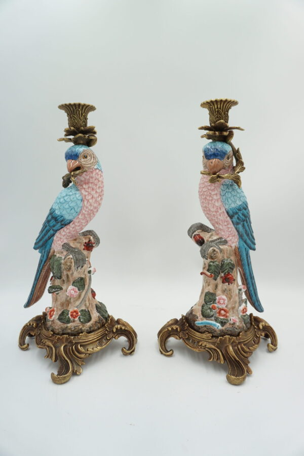 PARA ŚWIECZNIKÓW PAPUGI PORCELANA Z BRĄZEM CUDO