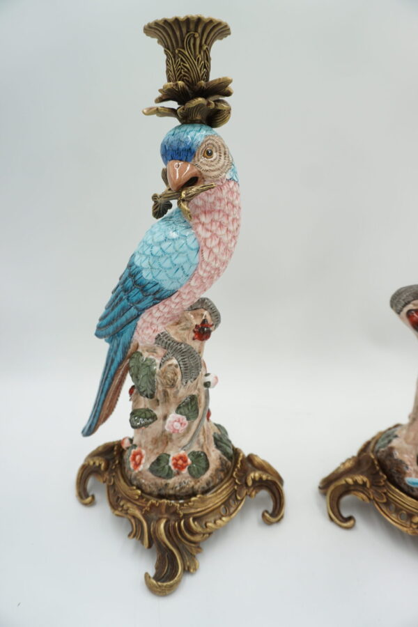 PARA ŚWIECZNIKÓW PAPUGI PORCELANA Z BRĄZEM CUDO