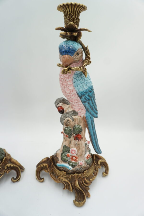 PARA ŚWIECZNIKÓW PAPUGI PORCELANA Z BRĄZEM CUDO