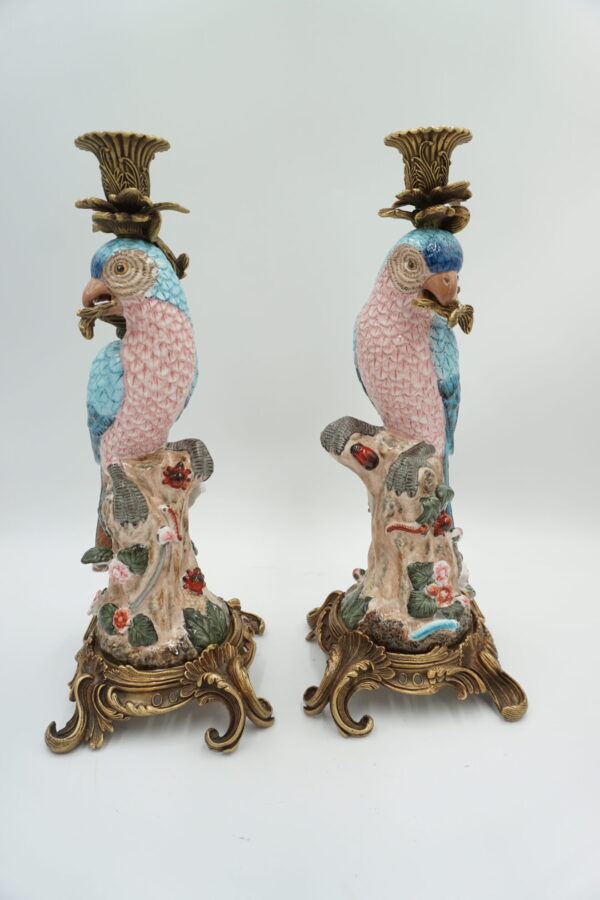 PARA ŚWIECZNIKÓW PAPUGI PORCELANA Z BRĄZEM CUDO