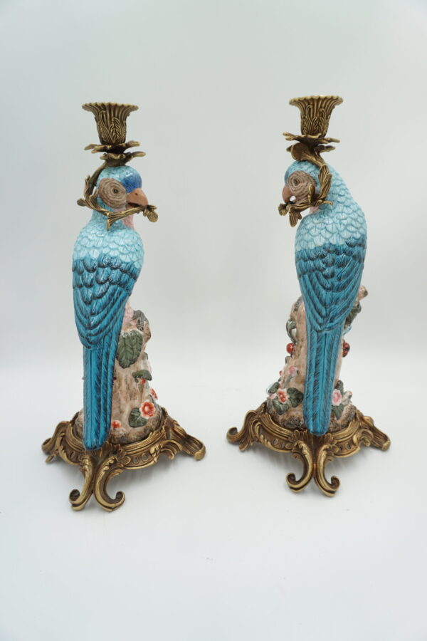 PARA ŚWIECZNIKÓW PAPUGI PORCELANA Z BRĄZEM CUDO