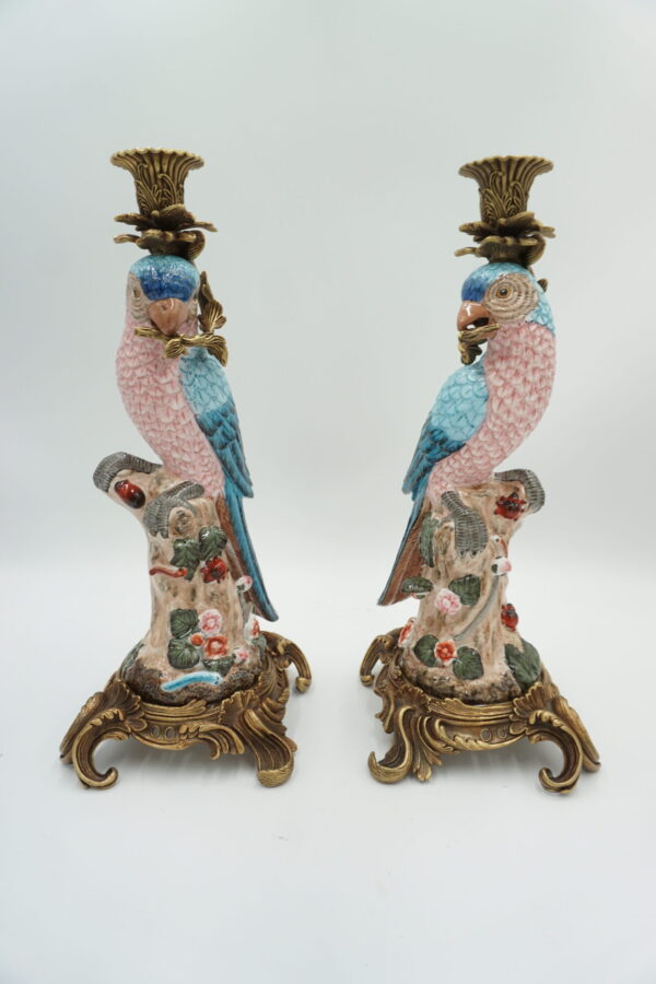 PARA ŚWIECZNIKÓW PAPUGI PORCELANA Z BRĄZEM CUDO