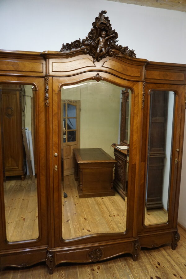 PAŁACOWA SZAFA TRZYDRZWIOWA Z LUSTRAMI LUDWIK ROCAILLE ANIOŁ FRANCJA