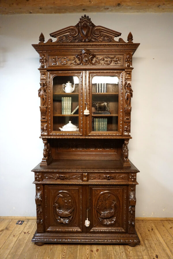 PRZESZKLONY MYŚLIWSKI KREDENS FIGURY MYŚLIWYCH