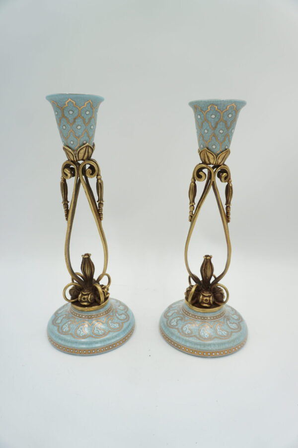 PARA ŚWIECZNIKÓW BŁĘKITNE PORCELANA+BRĄZ