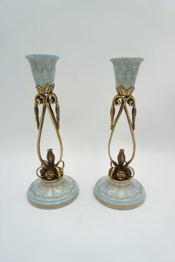 PARA ŚWIECZNIKÓW BŁĘKITNE PORCELANA+BRĄZ