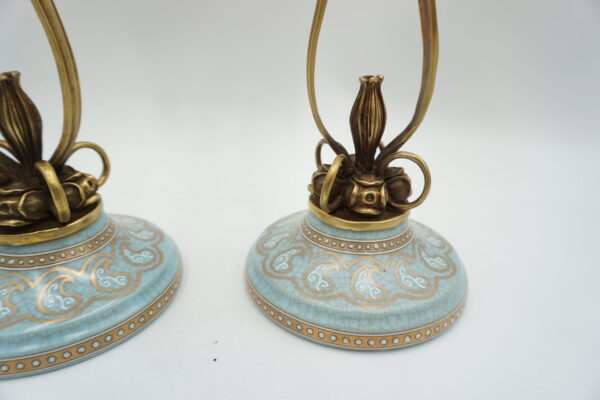 PARA ŚWIECZNIKÓW BŁĘKITNE PORCELANA+BRĄZ