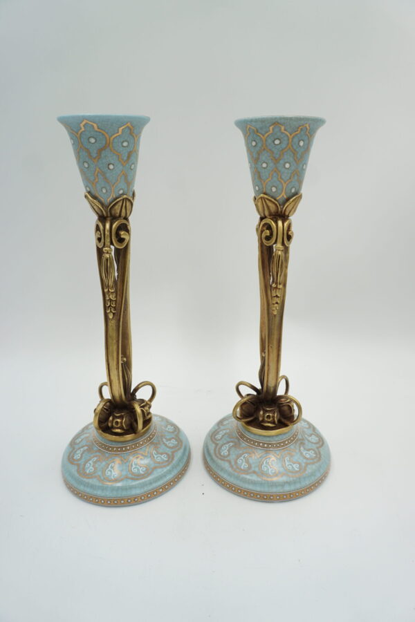 PARA ŚWIECZNIKÓW BŁĘKITNE PORCELANA+BRĄZ
