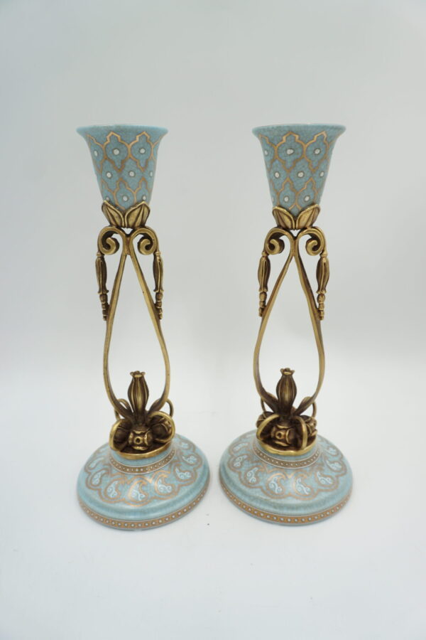 PARA ŚWIECZNIKÓW BŁĘKITNE PORCELANA+BRĄZ