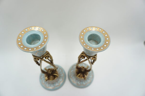 PARA ŚWIECZNIKÓW BŁĘKITNE PORCELANA+BRĄZ