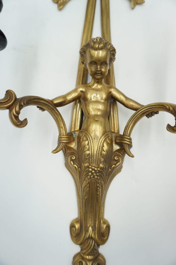 DUŻA PARA KINKIETÓW ŚWIECZNIKÓW ANIOŁKI porcelana z brązem