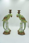 PARA ŚWIECZNIKÓW PAPUGI ZIELONE PORCELANA Z BRĄZEM CUDO
