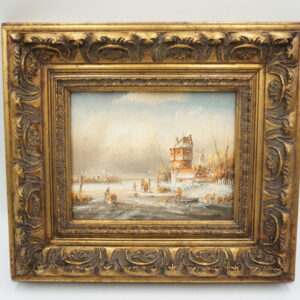 PEJZAŻ ZIMOWY, PRZYSTAŃ, LUDZIE, WIATRAK - obraz olejny