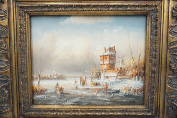 PEJZAŻ ZIMOWY, PRZYSTAŃ, LUDZIE, WIATRAK - obraz olejny