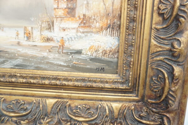 PEJZAŻ ZIMOWY, PRZYSTAŃ, LUDZIE, WIATRAK - obraz olejny