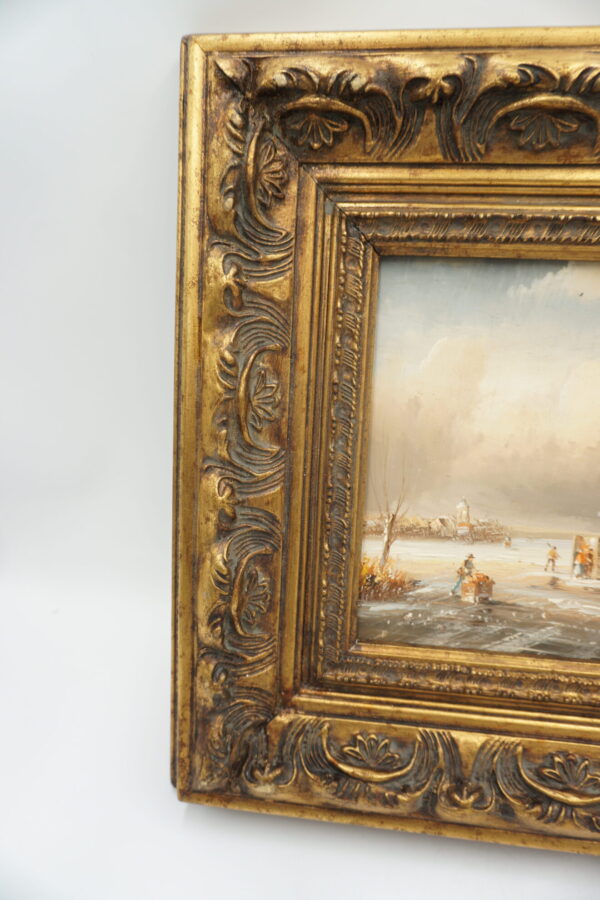 PEJZAŻ ZIMOWY, PRZYSTAŃ, LUDZIE, WIATRAK - obraz olejny