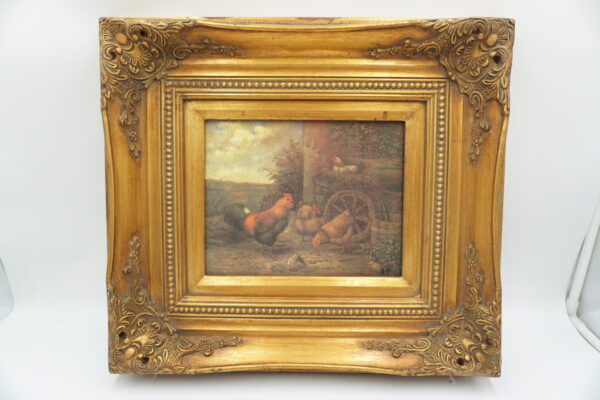 PEJZAŻ WIEJSKI, ZWIERZĘTA, KURY - obraz olejny