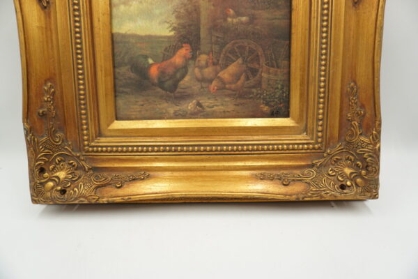 PEJZAŻ WIEJSKI, ZWIERZĘTA, KURY - obraz olejny