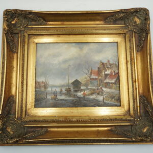 PEJZAŻ ZIMOWY, WIOSKA, RZEKA, LUDZIE - obraz olejny