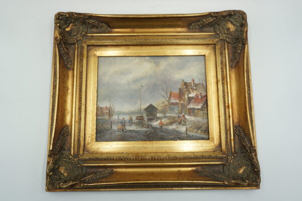 PEJZAŻ ZIMOWY, WIOSKA, RZEKA, LUDZIE - obraz olejny