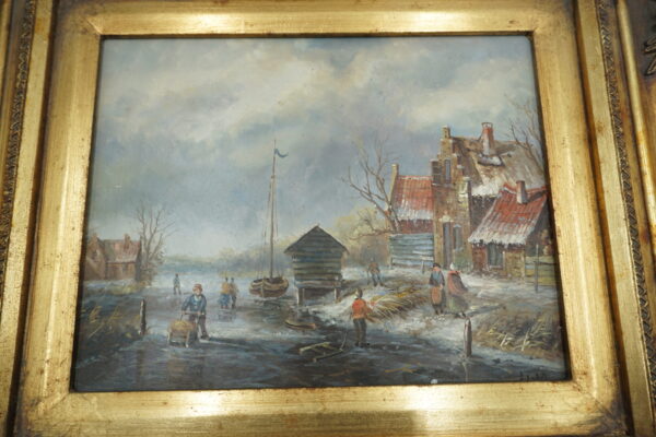 PEJZAŻ ZIMOWY, WIOSKA, RZEKA, LUDZIE - obraz olejny