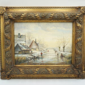 PEJZAŻ ZIMOWY, WIOSKA, RZEKA, LUDZIE - obraz olejny
