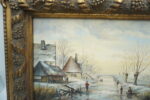 PEJZAŻ ZIMOWY, WIOSKA, RZEKA, LUDZIE - obraz olejny
