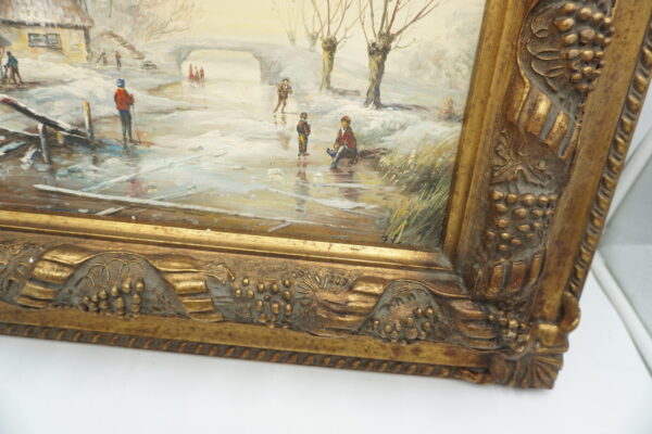 PEJZAŻ ZIMOWY, WIOSKA, RZEKA, LUDZIE - obraz olejny