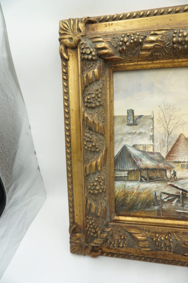 PEJZAŻ ZIMOWY, WIOSKA, RZEKA, LUDZIE - obraz olejny