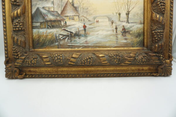 PEJZAŻ ZIMOWY, WIOSKA, RZEKA, LUDZIE - obraz olejny