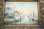 PEJZAŻ ZIMOWY, WIOSKA, RZEKA, LUDZIE - obraz olejny
