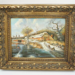 OBRAZ PEJZAŻ ZIMOWY OLEJ NA DREWNIE, WIEŚ - obraz olejny