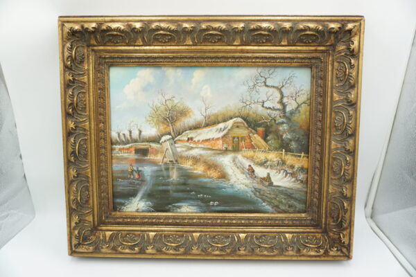 OBRAZ PEJZAŻ ZIMOWY OLEJ NA DREWNIE, WIEŚ - obraz olejny