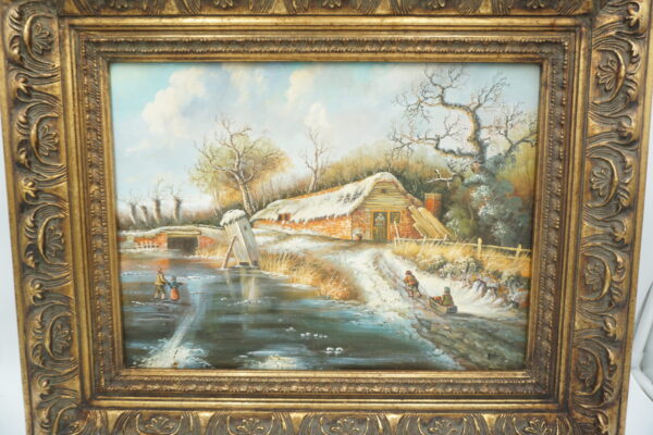 OBRAZ PEJZAŻ ZIMOWY OLEJ NA DREWNIE, WIEŚ - obraz olejny