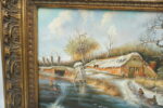 OBRAZ PEJZAŻ ZIMOWY OLEJ NA DREWNIE, WIEŚ - obraz olejny