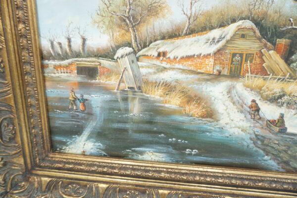 OBRAZ PEJZAŻ ZIMOWY OLEJ NA DREWNIE, WIEŚ - obraz olejny