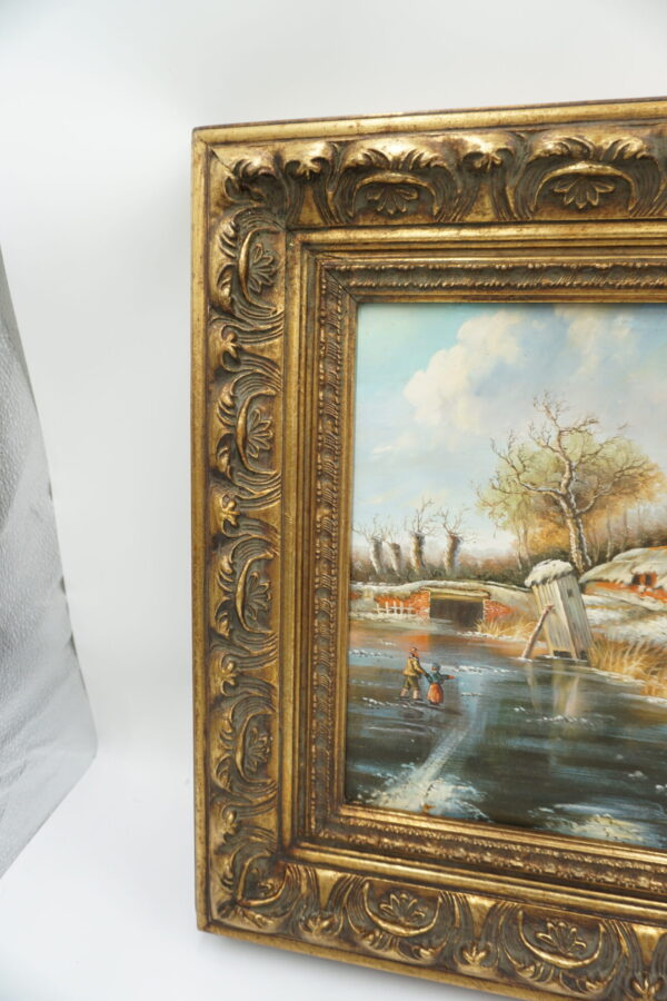 OBRAZ PEJZAŻ ZIMOWY OLEJ NA DREWNIE, WIEŚ - obraz olejny