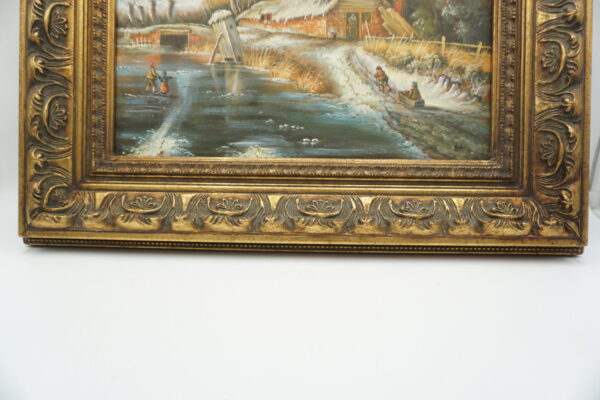 OBRAZ PEJZAŻ ZIMOWY OLEJ NA DREWNIE, WIEŚ - obraz olejny