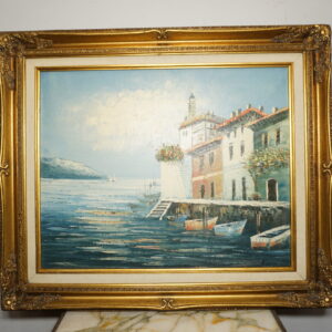 OBRAZ PEJZAŻ OLEJ NA PŁÓTNIE, PRZYSTAŃ, MIASTO - obraz olejny