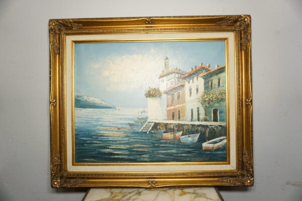 OBRAZ PEJZAŻ OLEJ NA PŁÓTNIE, PRZYSTAŃ, MIASTO - obraz olejny