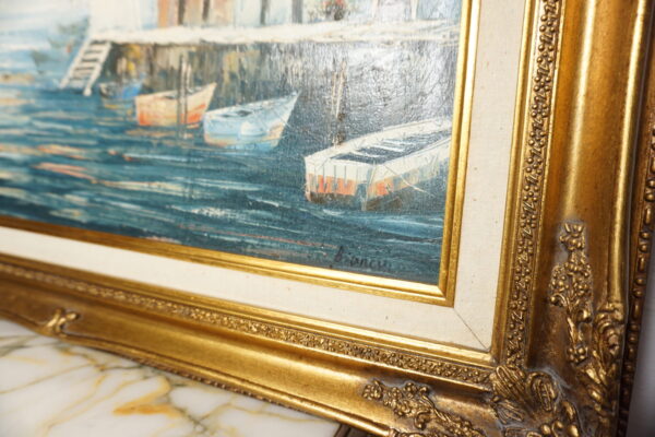 OBRAZ PEJZAŻ OLEJ NA PŁÓTNIE, PRZYSTAŃ, MIASTO - obraz olejny